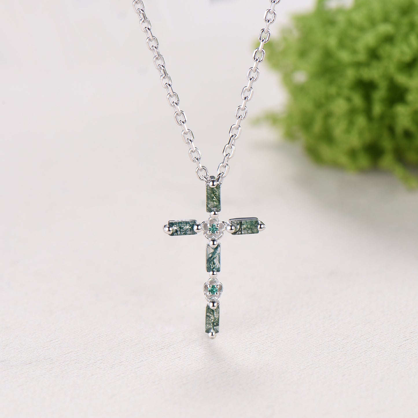 Baguette Cut Moss Agate Cross Necklace, Emerald Flower Pendant