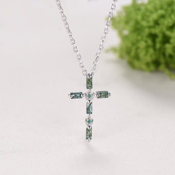 Baguette Cut Moss Agate Cross Necklace, Emerald Flower Pendant