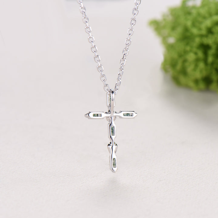 Baguette Cut Moss Agate Cross Necklace, Emerald Flower Pendant