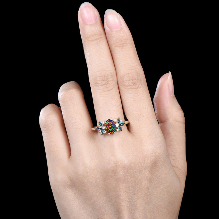 Vintage Black Fire Opal Engagement Ring Unique Marquise Alexandrite Ring Art Deco Birthstone Wedding Ring Anniversary Promise Gift For Women - PENFINE