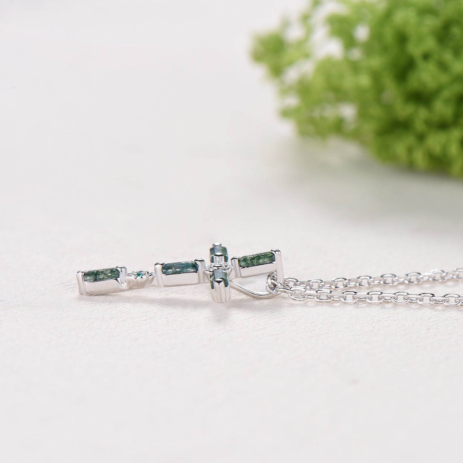 Baguette Cut Moss Agate Cross Necklace, Emerald Flower Pendant