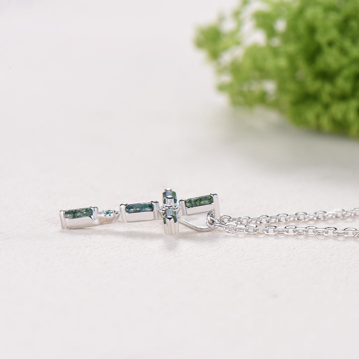 Baguette Cut Moss Agate Cross Necklace, Emerald Flower Pendant