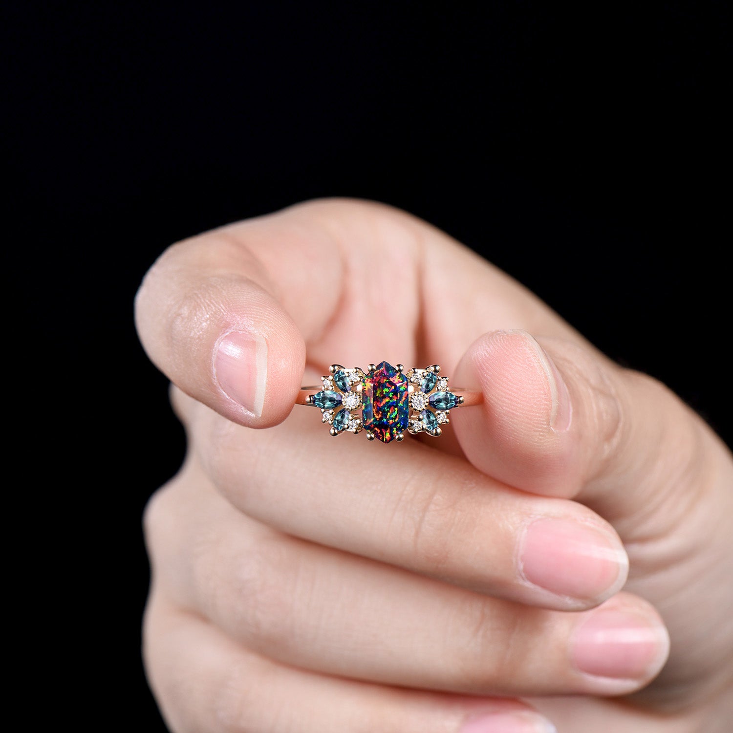 Vintage Black Fire Opal Engagement Ring Unique Marquise Alexandrite Ring Art Deco Birthstone Wedding Ring Anniversary Promise Gift For Women - PENFINE