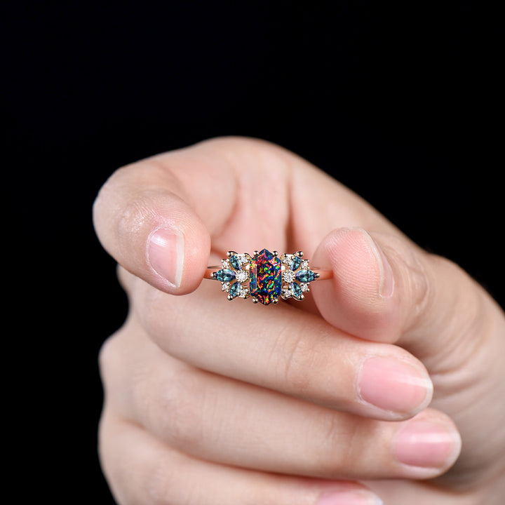 Vintage Black Fire Opal Engagement Ring Unique Marquise Alexandrite Ring Art Deco Birthstone Wedding Ring Anniversary Promise Gift For Women - PENFINE