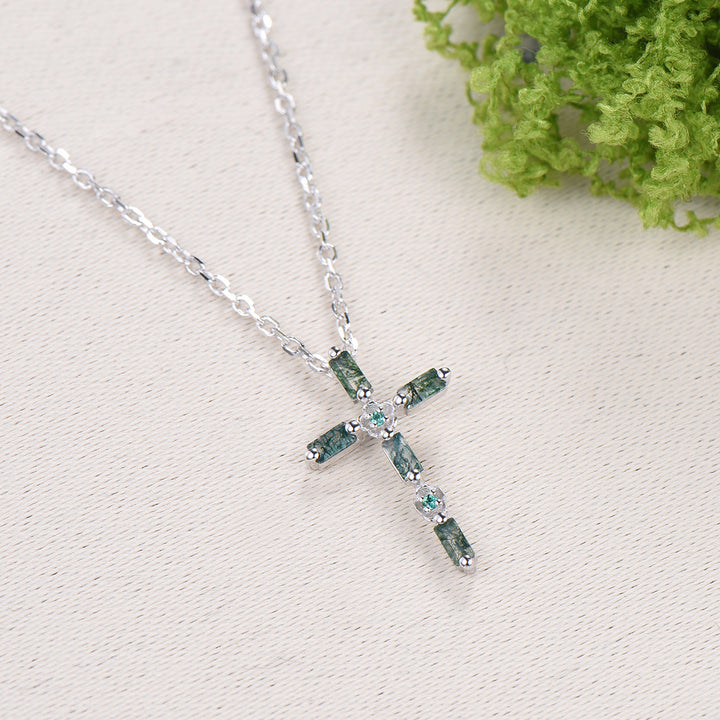 Baguette Cut Moss Agate Cross Necklace, Emerald Flower Pendant