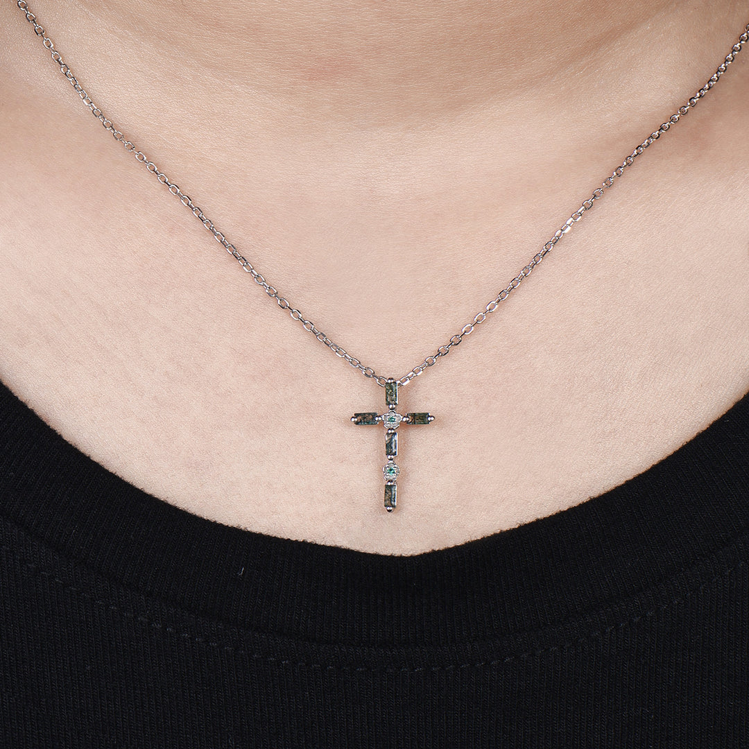 Baguette Cut Moss Agate Cross Necklace, Emerald Flower Pendant