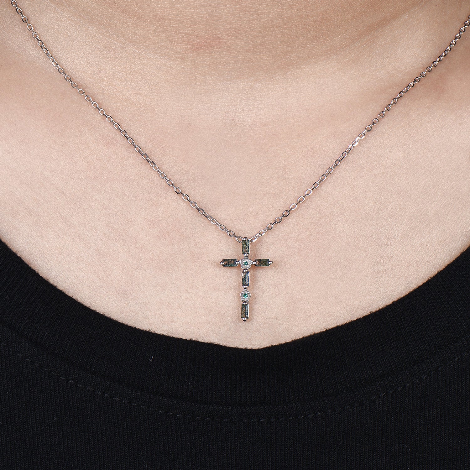 Baguette Cut Moss Agate Cross Necklace, Emerald Flower Pendant