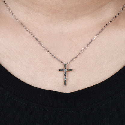 Baguette Cut Moss Agate Cross Necklace, Emerald Flower Pendant