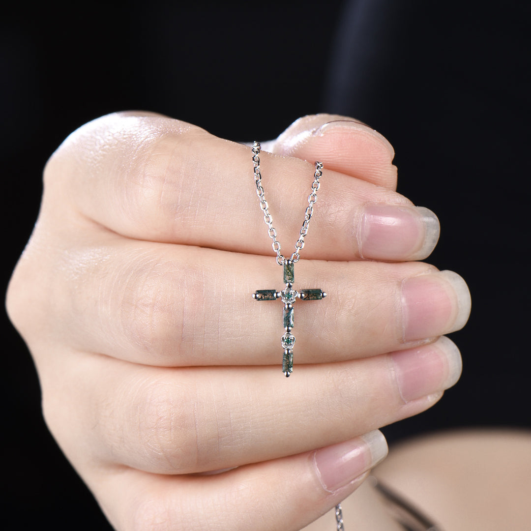 Baguette Cut Moss Agate Cross Necklace, Emerald Flower Pendant