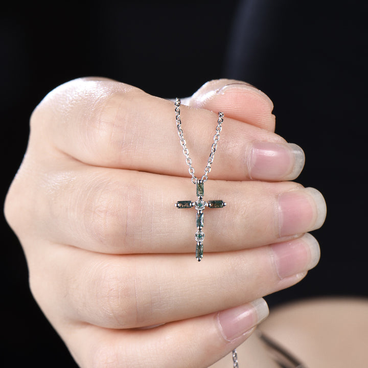 Baguette Cut Moss Agate Cross Necklace, Emerald Flower Pendant