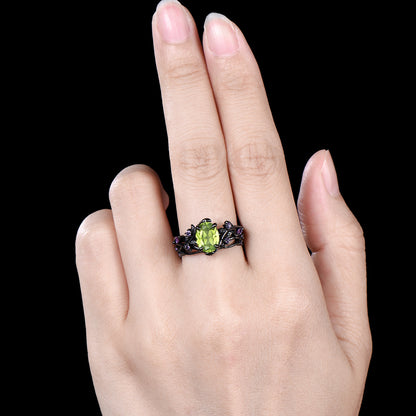 Unique Black Gold Oval Peridot Engagement Ring Set Nature Inspired Twig Amethyst Wedding Band branch August birthstone bridal set - PENFINE
