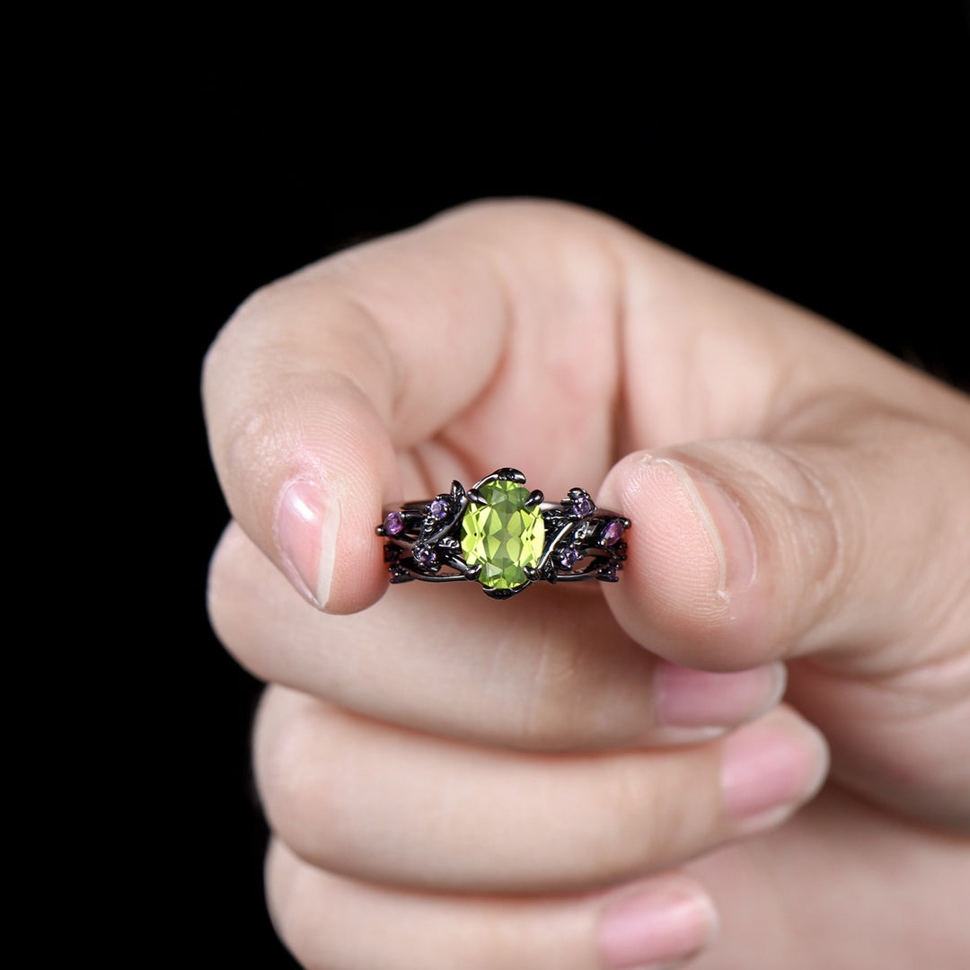 Unique Black Gold Oval Peridot Engagement Ring Set Nature Inspired Twig Amethyst Wedding Band branch August birthstone bridal set - PENFINE