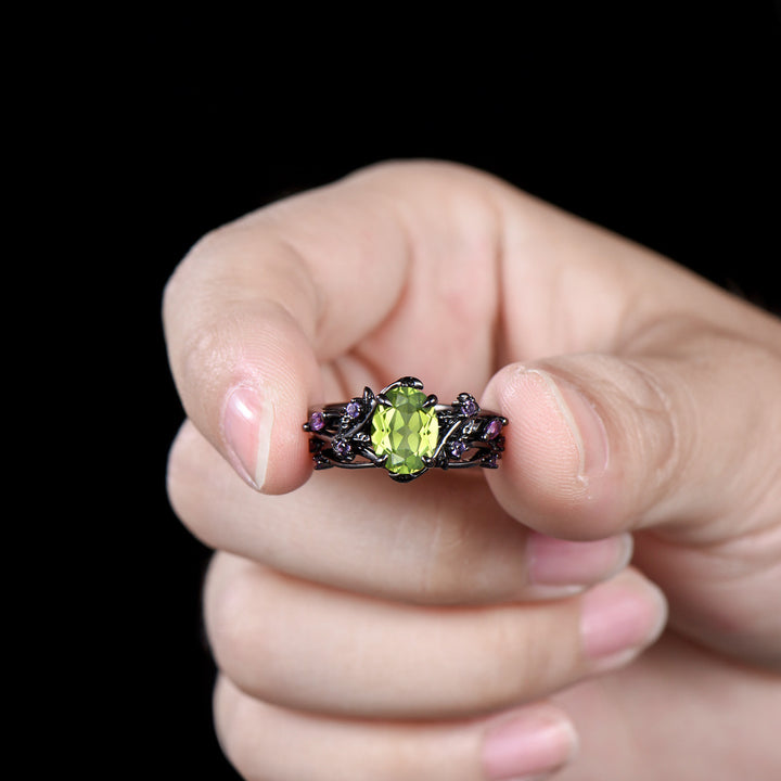 Unique Black Gold Oval Peridot Engagement Ring Set Nature Inspired Twig Amethyst Wedding Band branch August birthstone bridal set - PENFINE