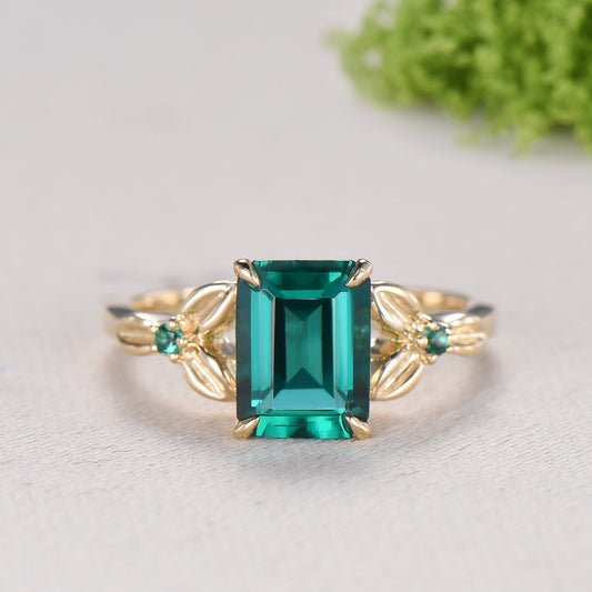 Vintage Emerald Cut Emerald Engagement Ring Natural Inspired Emerald Wedding Ring For Women Unique Floral Leaves Promise Ring Gift for Women