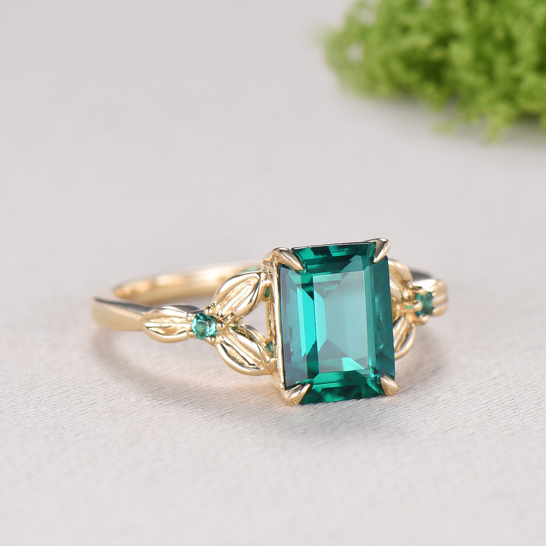 Vintage Emerald Cut Emerald Engagement Ring Natural Inspired Emerald Wedding Ring For Women Unique Floral Leaves Promise Ring Gift for Women