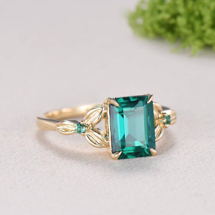 Vintage Emerald Cut Emerald Engagement Ring Natural Inspired Emerald Wedding Ring For Women Unique Floral Leaves Promise Ring Gift for Women