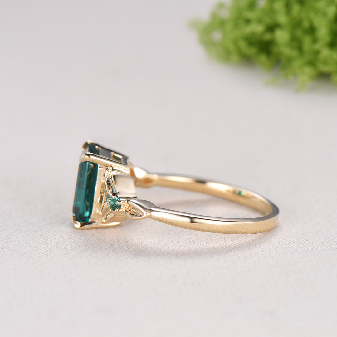 Vintage Emerald Cut Emerald Engagement Ring Natural Inspired Emerald Wedding Ring For Women Unique Floral Leaves Promise Ring Gift for Women
