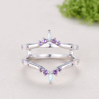 Enhancer Curved Opal Amethyst Wedding Band Sterling Silver White Gold Contour Stacking Marquise Baguette Opal Matching Ring Anniversary Gift
