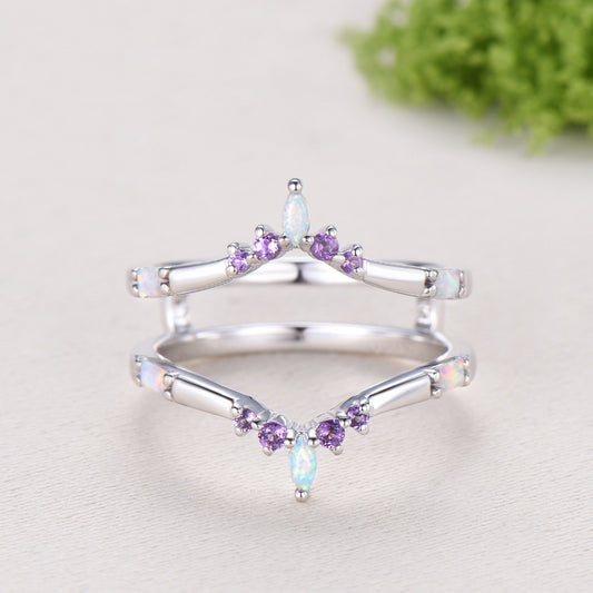 Enhancer Curved Opal Amethyst Wedding Band Sterling Silver White Gold Contour Stacking Marquise Baguette Opal Matching Ring Anniversary Gift