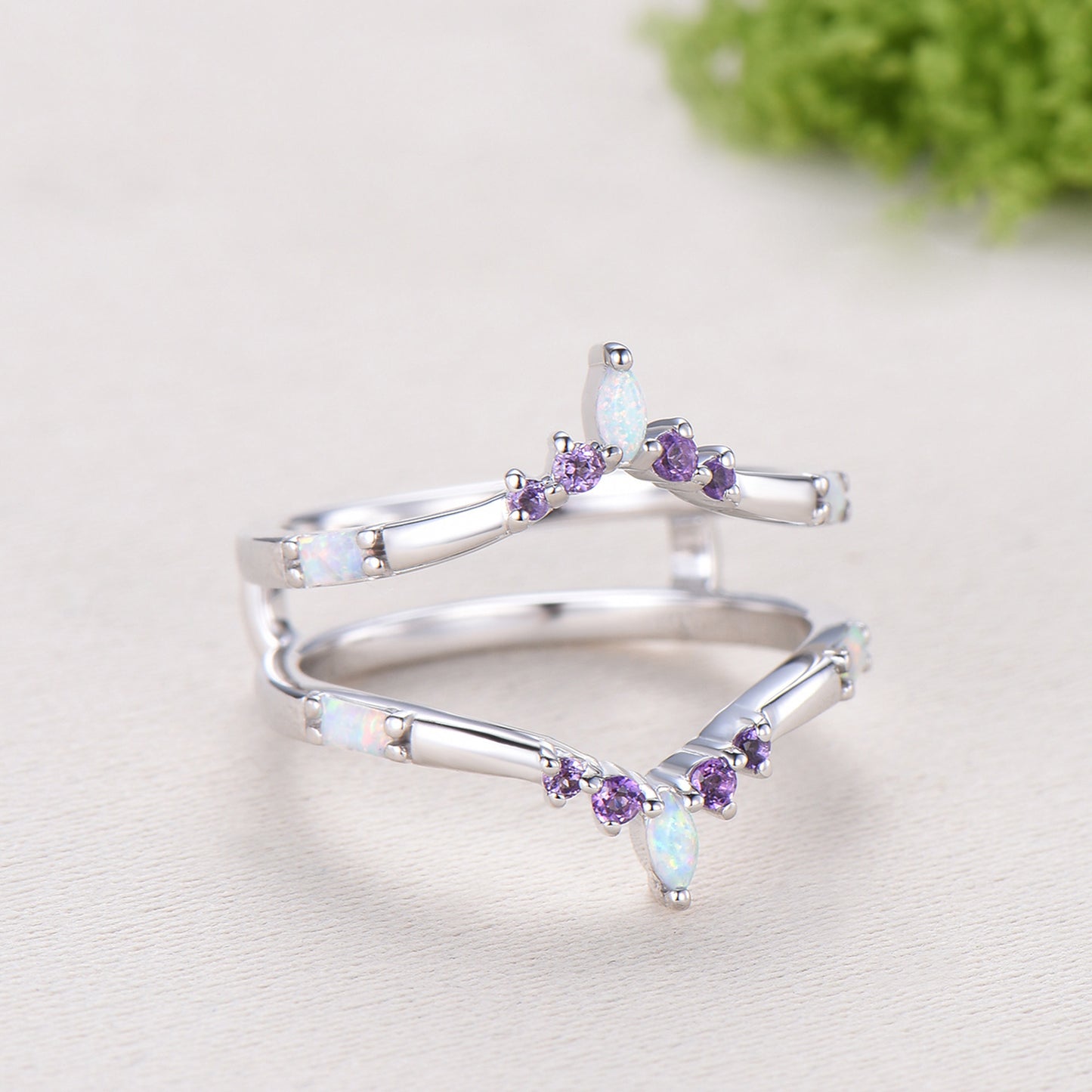 Enhancer Curved Opal Amethyst Wedding Band Sterling Silver White Gold Contour Stacking Marquise Baguette Opal Matching Ring Anniversary Gift