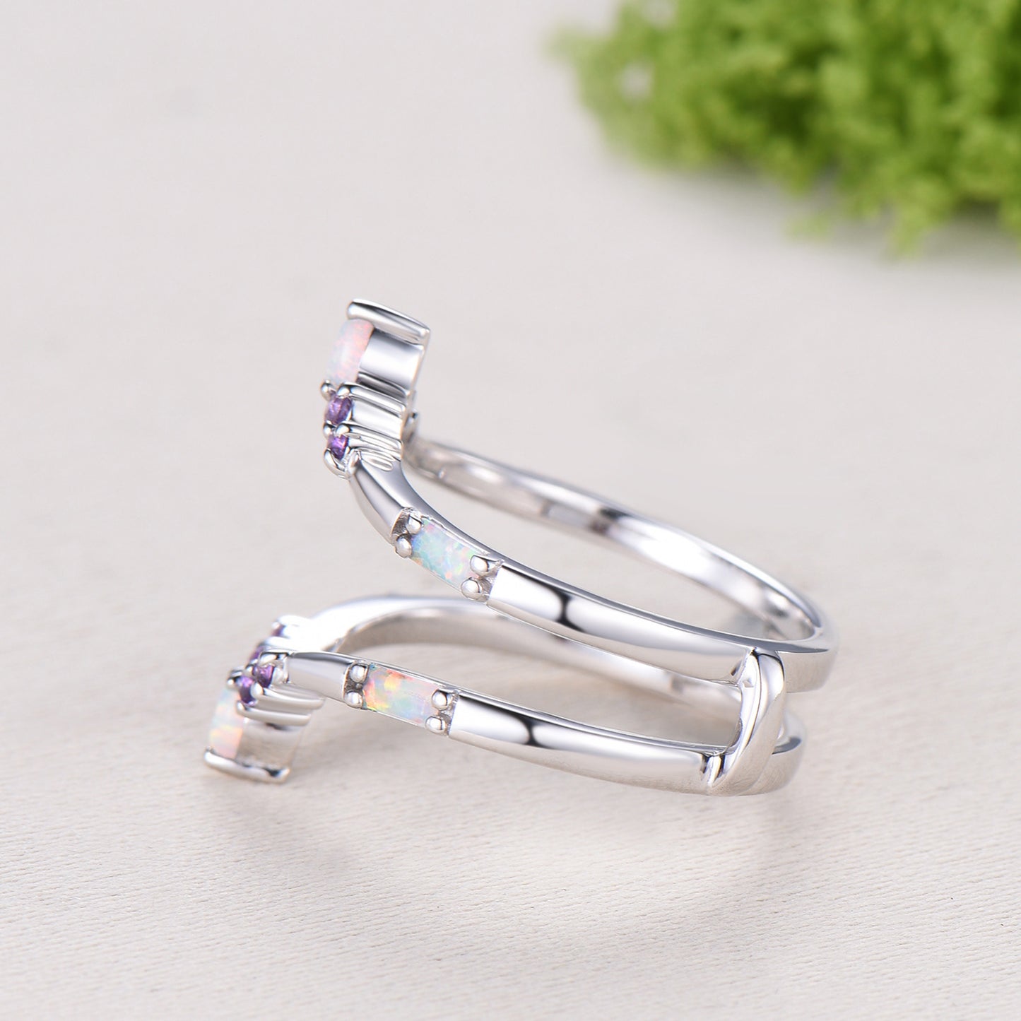 Enhancer Curved Opal Amethyst Wedding Band Sterling Silver White Gold Contour Stacking Marquise Baguette Opal Matching Ring Anniversary Gift