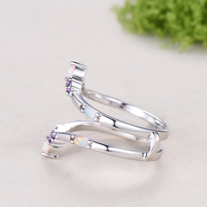 Enhancer Curved Opal Amethyst Wedding Band Sterling Silver White Gold Contour Stacking Marquise Baguette Opal Matching Ring Anniversary Gift