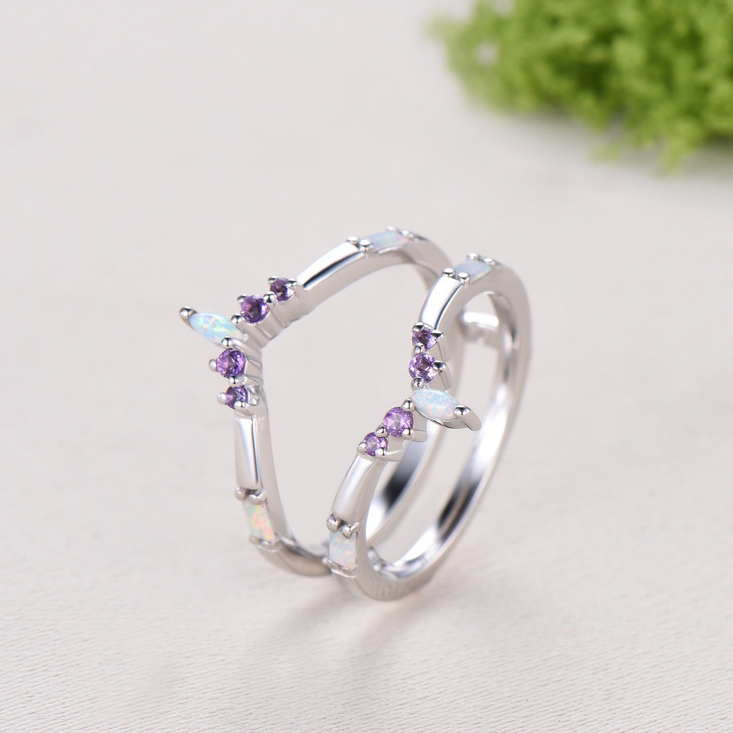 Enhancer Curved Opal Amethyst Wedding Band Sterling Silver White Gold Contour Stacking Marquise Baguette Opal Matching Ring Anniversary Gift