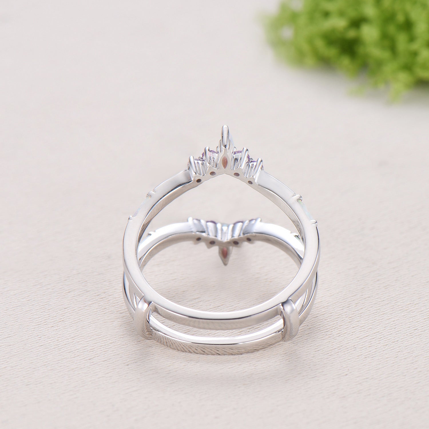 Enhancer Curved Opal Amethyst Wedding Band Sterling Silver White Gold Contour Stacking Marquise Baguette Opal Matching Ring Anniversary Gift