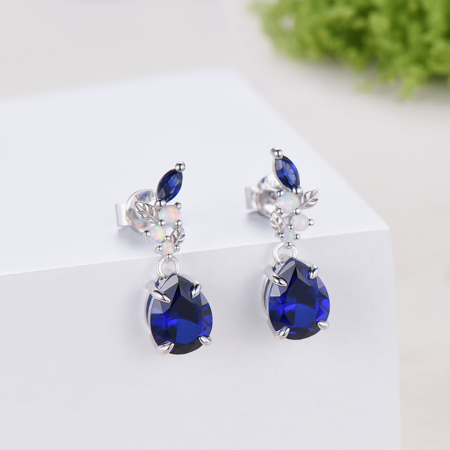 Nature Inspired Pear Shaped Blue Sapphire Earrings Leaf Stud Earrings Silver Vintage Unique Opal Earrings Handmade Anniversary Promise Gift