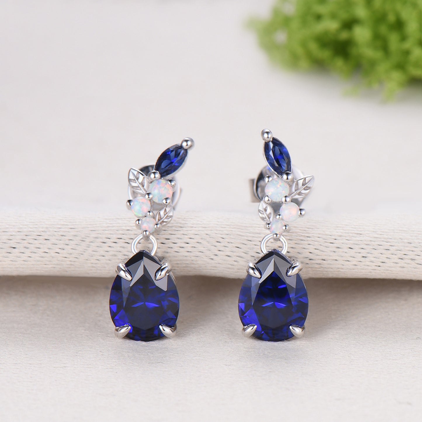Nature Inspired Pear Shaped Blue Sapphire Earrings Leaf Stud Earrings Silver Vintage Unique Opal Earrings Handmade Anniversary Promise Gift