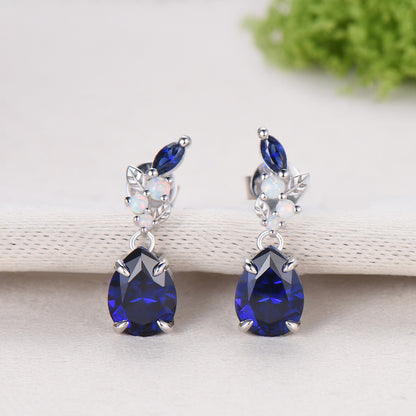 Nature Inspired Pear Shaped Blue Sapphire Earrings Leaf Stud Earrings Silver Vintage Unique Opal Earrings Handmade Anniversary Promise Gift