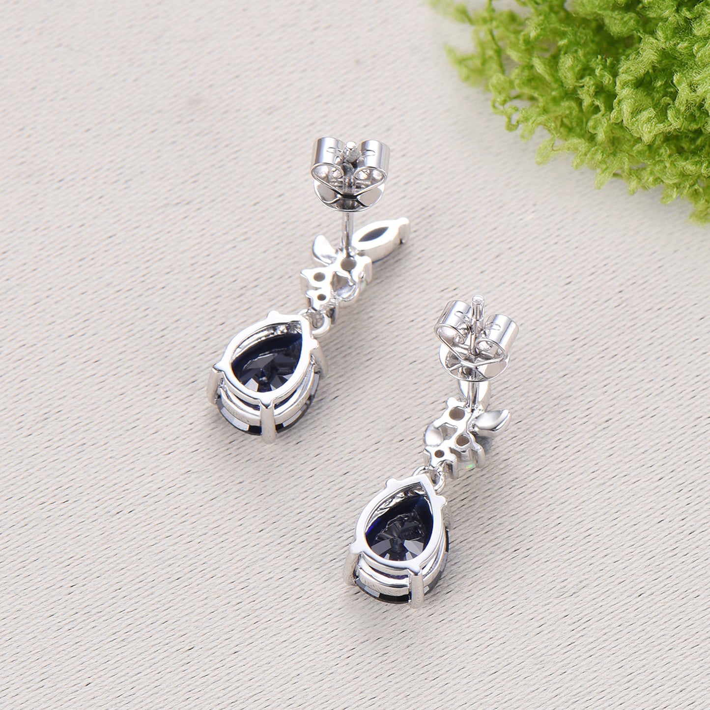 Nature Inspired Pear Shaped Blue Sapphire Earrings Leaf Stud Earrings Silver Vintage Unique Opal Earrings Handmade Anniversary Promise Gift