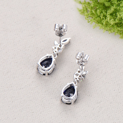 Nature Inspired Pear Shaped Blue Sapphire Earrings Leaf Stud Earrings Silver Vintage Unique Opal Earrings Handmade Anniversary Promise Gift