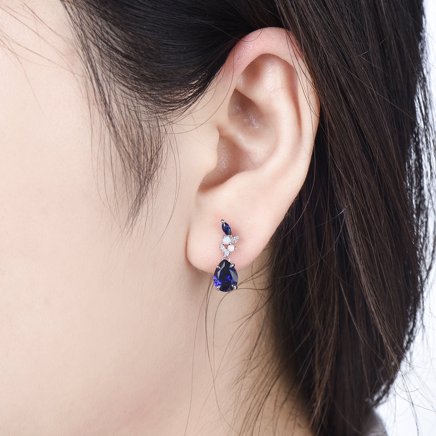 Nature Inspired Pear Shaped Blue Sapphire Earrings Leaf Stud Earrings Silver Vintage Unique Opal Earrings Handmade Anniversary Promise Gift