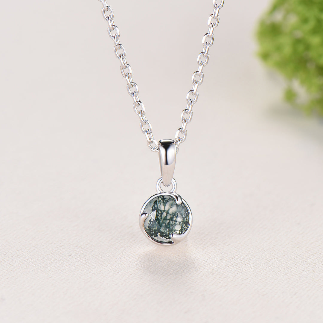 Minimalist Bezel Set Moss Agate Necklace Pendant, Art Nouveau Jewelry