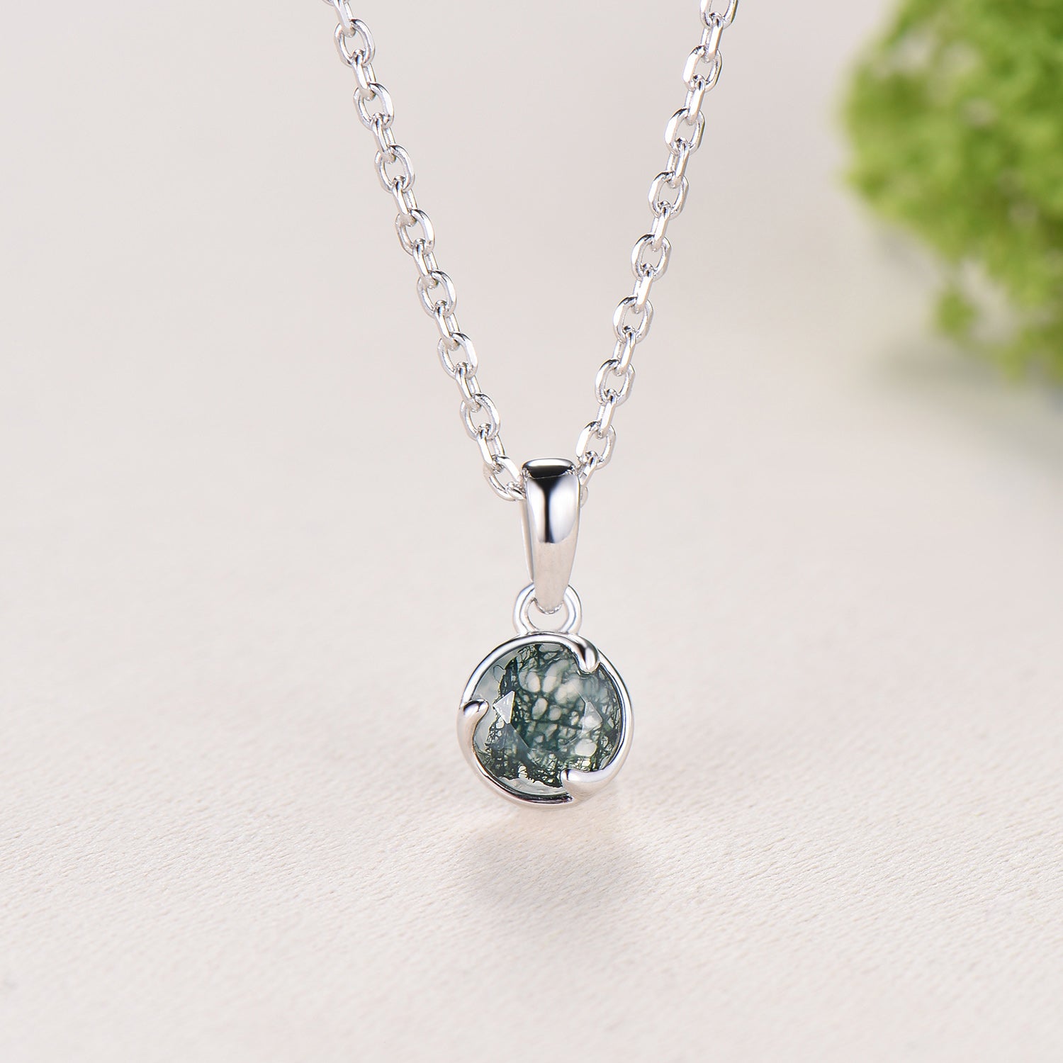 Minimalist Bezel Set Moss Agate Necklace Pendant, Art Nouveau Jewelry