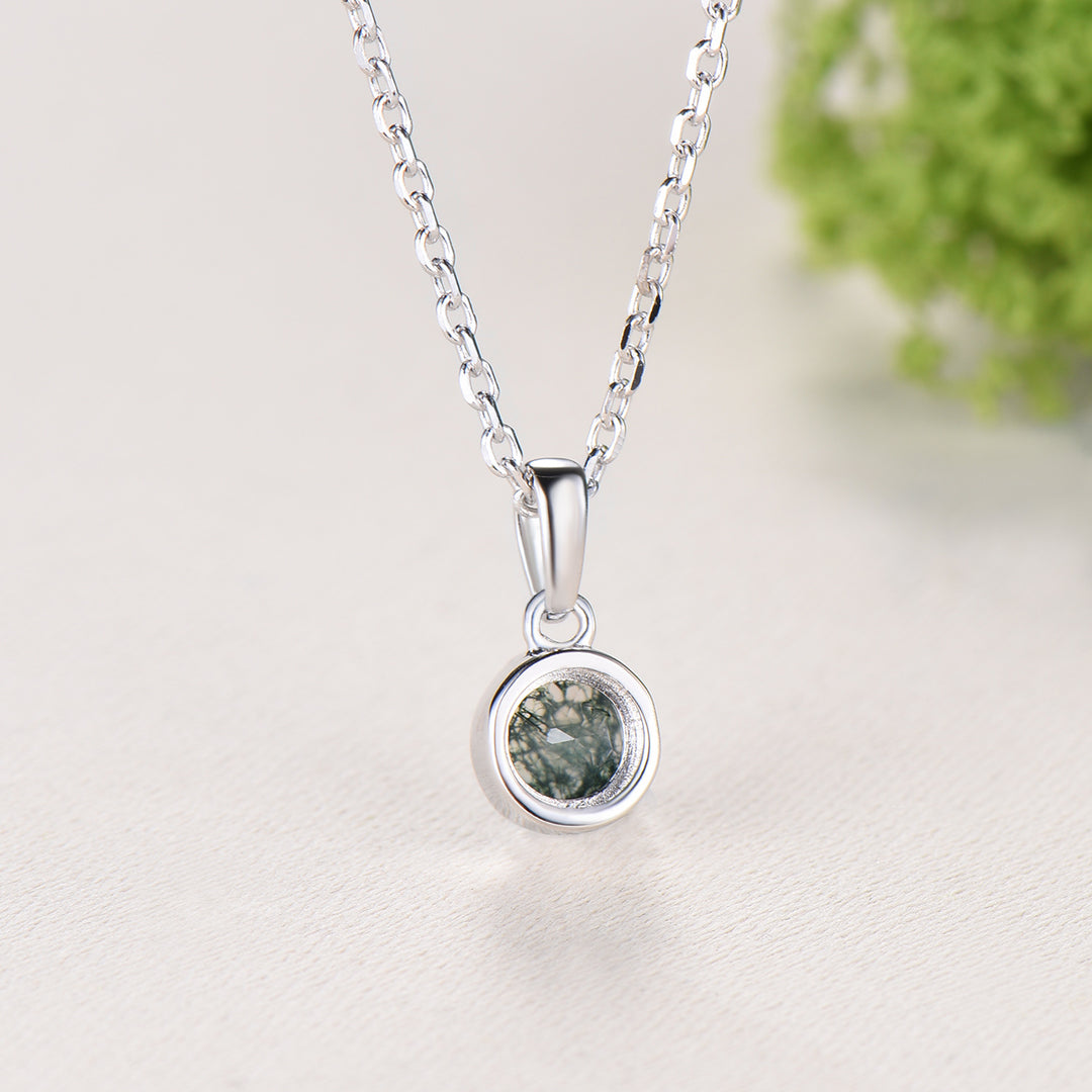 Minimalist Bezel Set Moss Agate Necklace Pendant, Art Nouveau Jewelry
