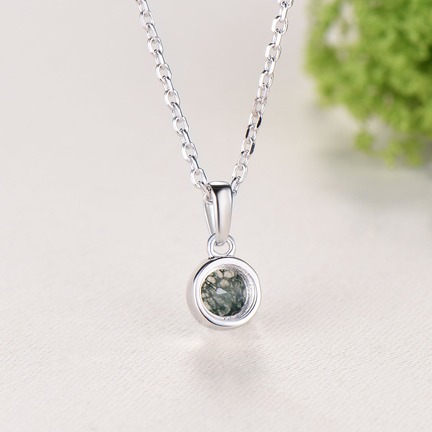 Minimalist Bezel Set Moss Agate Necklace Pendant, Art Nouveau Jewelry