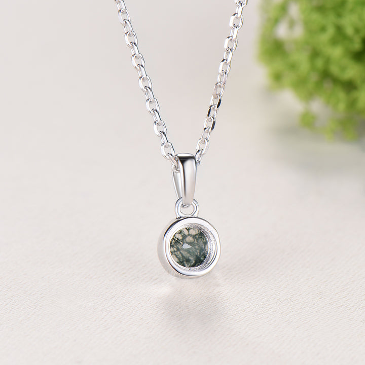 Minimalist Bezel Set Moss Agate Necklace Pendant, Art Nouveau Jewelry