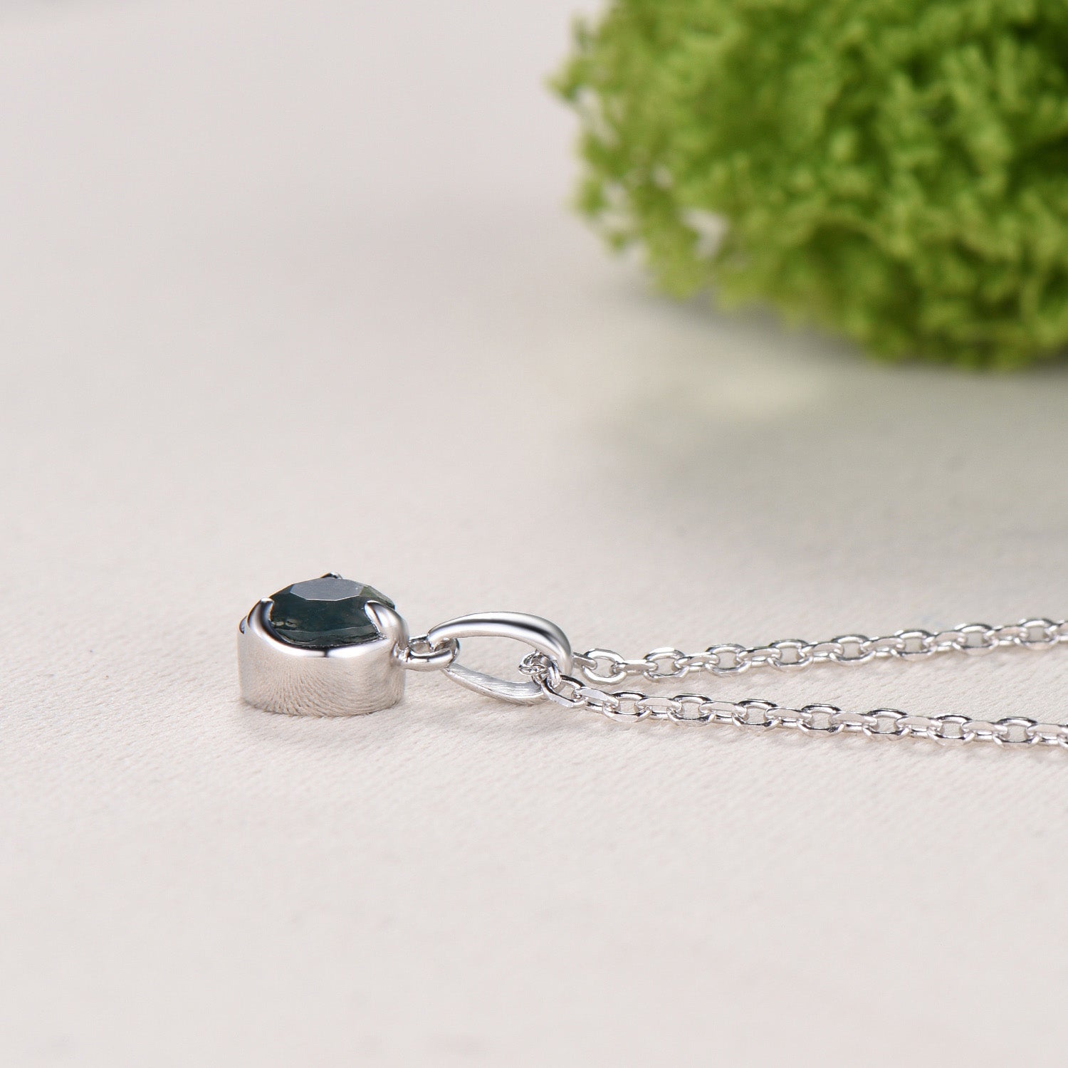 Minimalist Bezel Set Moss Agate Necklace Pendant, Art Nouveau Jewelry