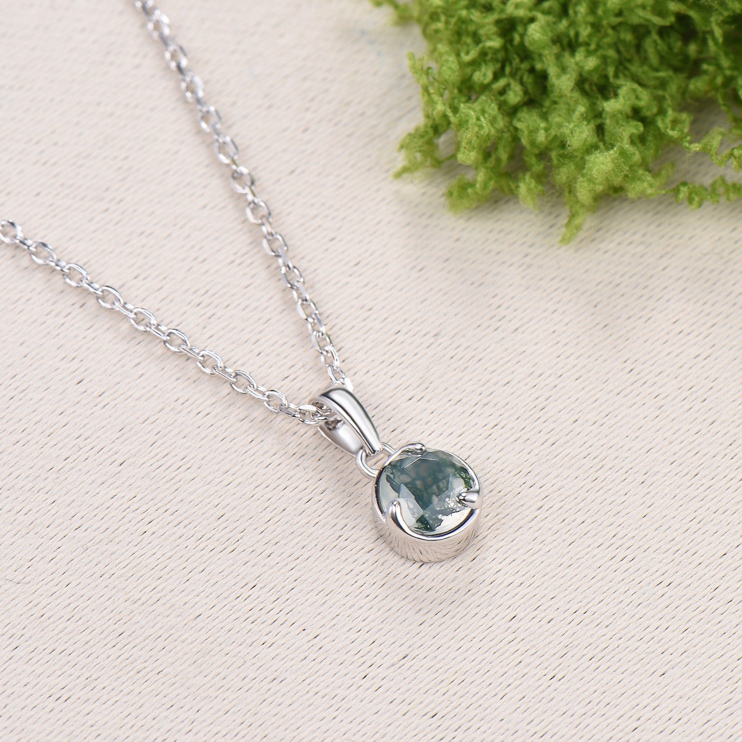 Minimalist Bezel Set Moss Agate Necklace Pendant, Art Nouveau Jewelry