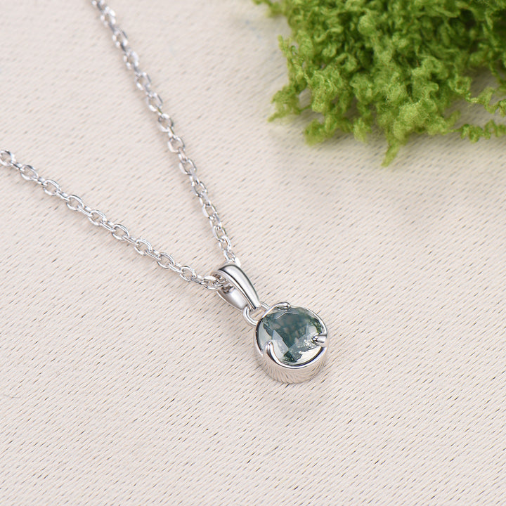 Minimalist Bezel Set Moss Agate Necklace Pendant, Art Nouveau Jewelry