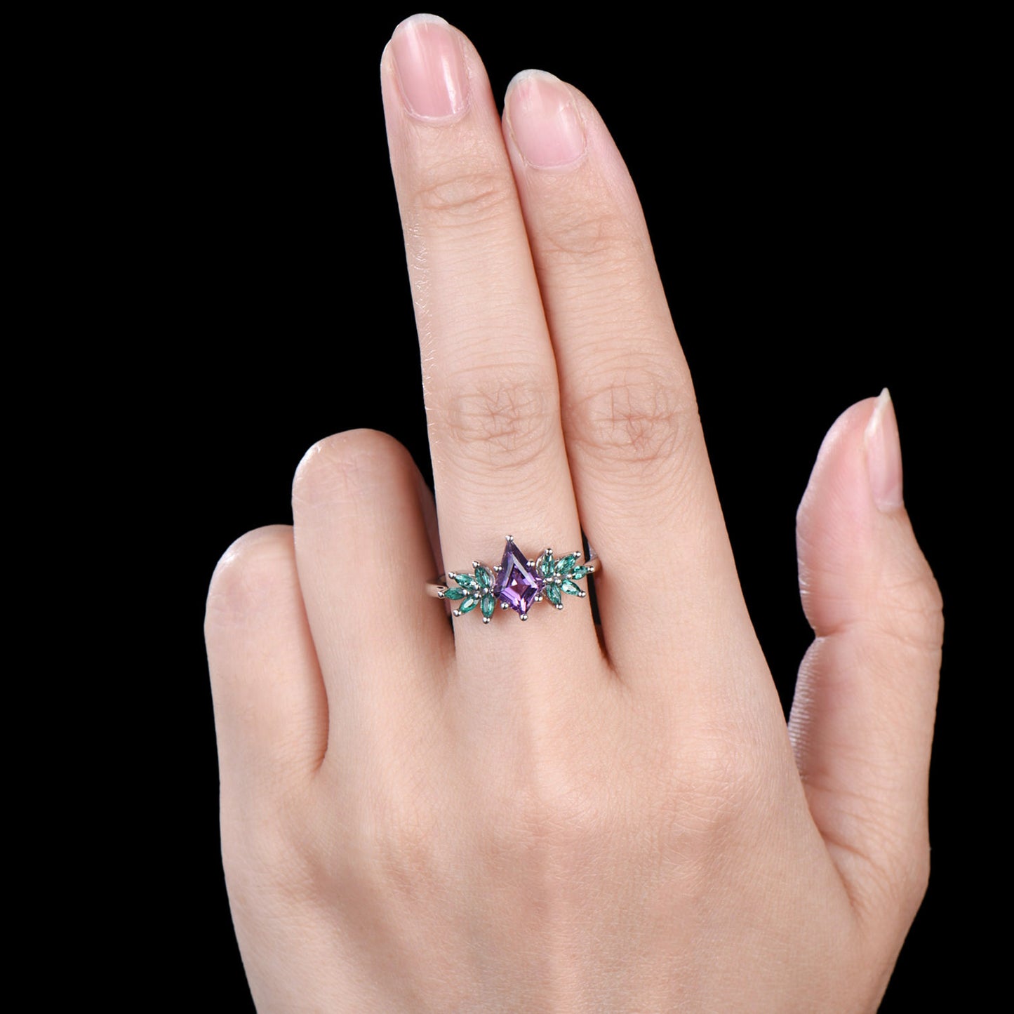 Vintage kite cut amethyst engagement ring cluster marqusie cut emerald anniversary promise ring - PENFINE
