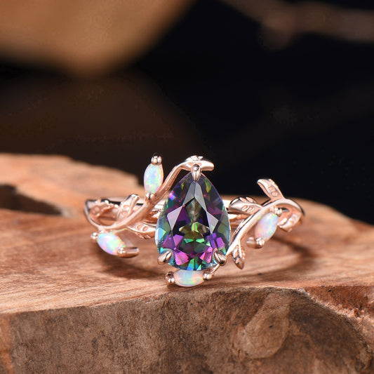 LeafLace Kite Cut Mystic Topazs Promise Ring with Marquise Topaz Accents - PENFINE