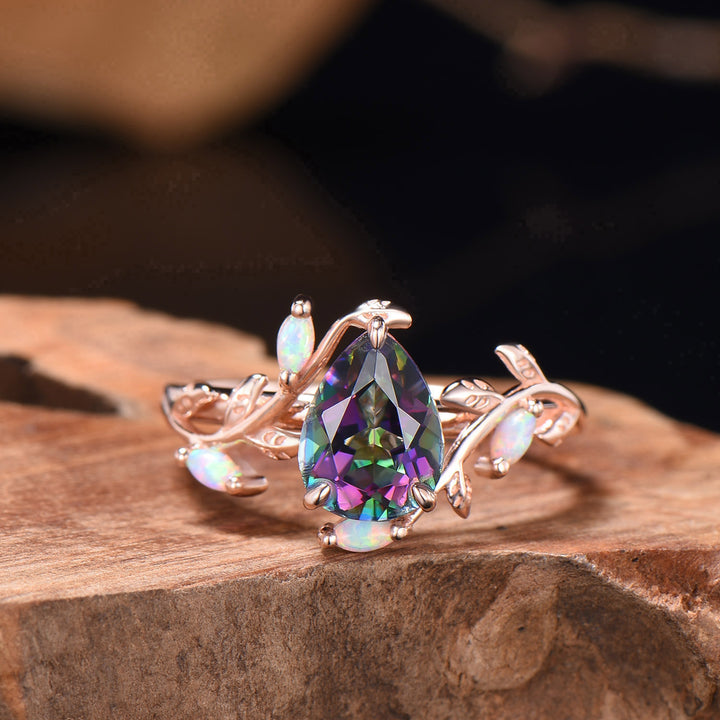 LeafLace Kite Cut Mystic Topazs Promise Ring with Marquise Topaz Accents - PENFINE