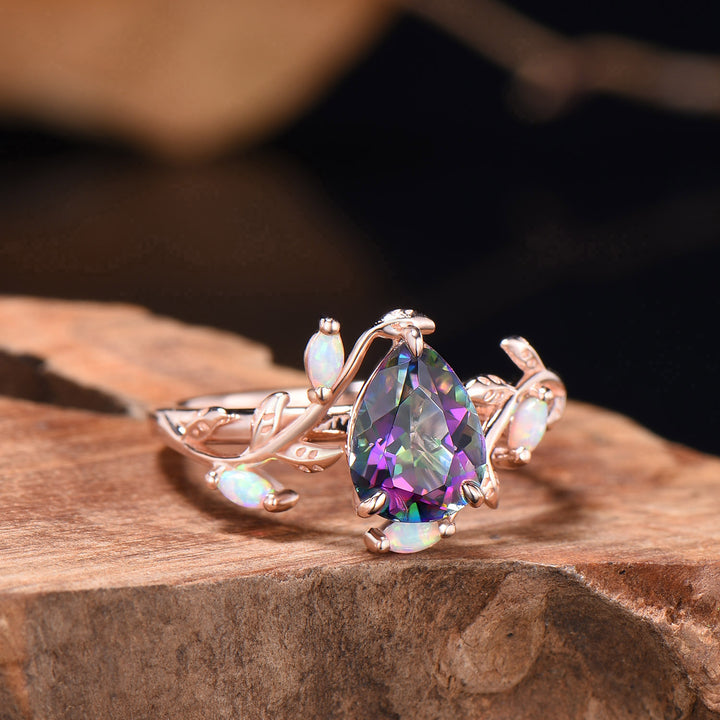 LeafLace Kite Cut Mystic Topazs Promise Ring with Marquise Topaz Accents - PENFINE