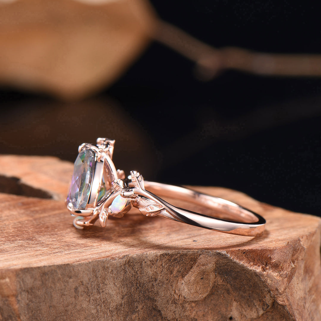 LeafLace Kite Cut Mystic Topazs Promise Ring with Marquise Topaz Accents - PENFINE