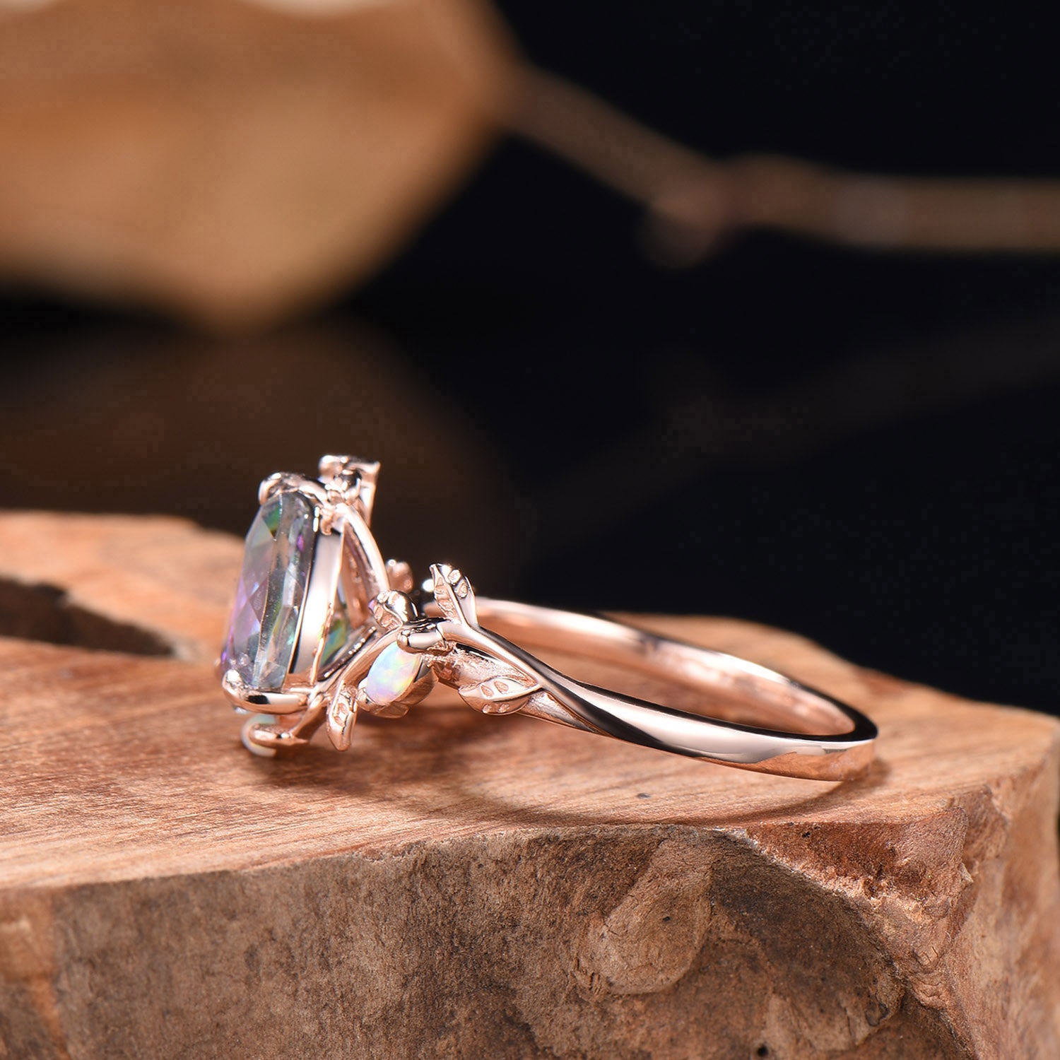 LeafLace Kite Cut Mystic Topazs Promise Ring with Marquise Topaz Accents - PENFINE