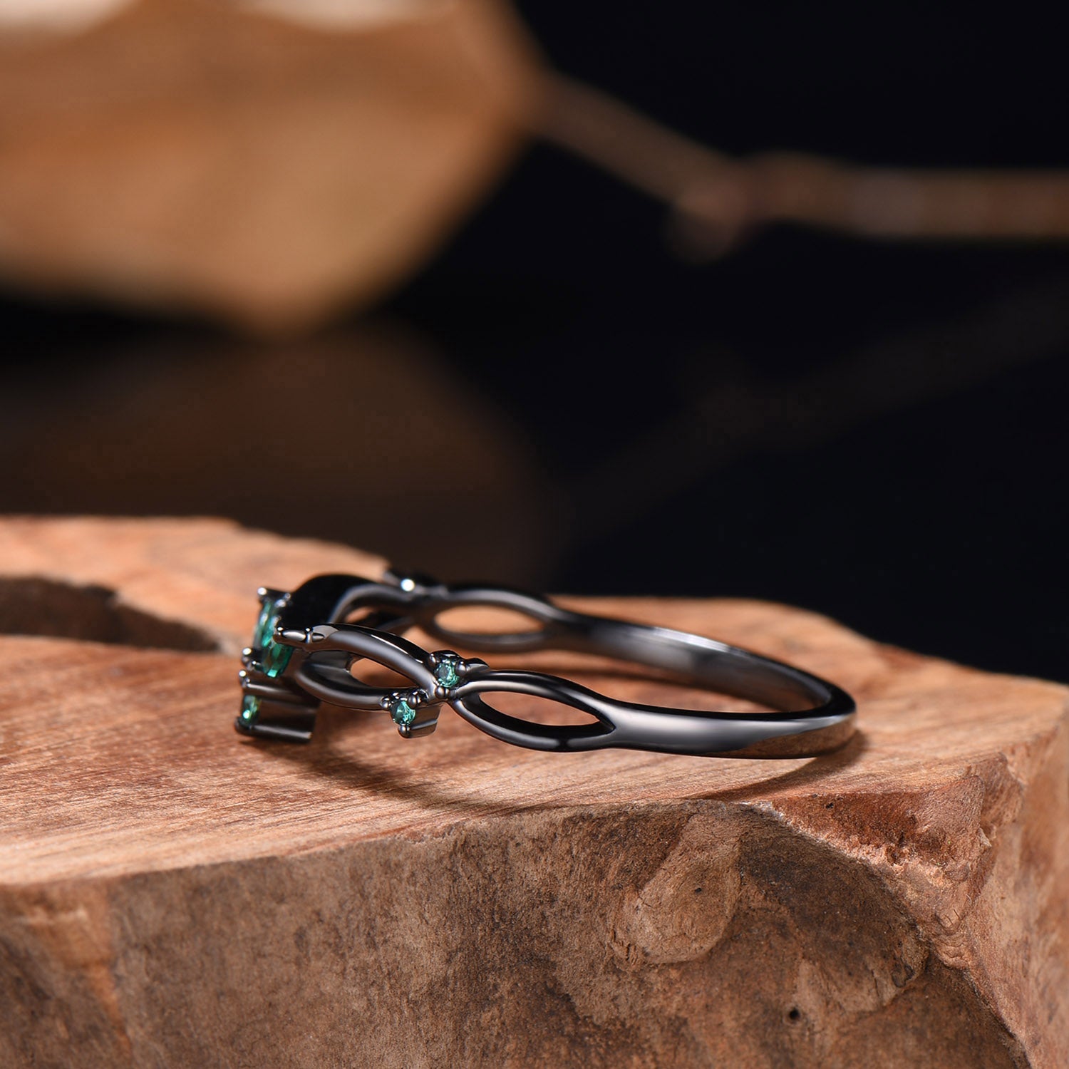 Gothic Black Gold Emerald Wedding Band Curved Marquise Wedding Ring Anniversary Stackable Band Evil Eye Emerald Promise Ring For Daughter - PENFINE