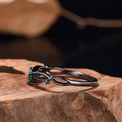 Gothic Black Gold Emerald Wedding Band Curved Marquise Wedding Ring Anniversary Stackable Band Evil Eye Emerald Promise Ring For Daughter - PENFINE